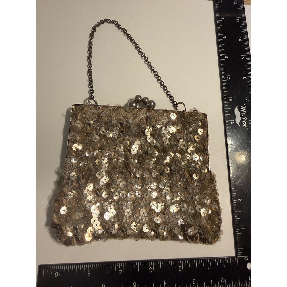 Vintage Champagne Gold Sequin Evening Clutch Bag Silver Frame Kiss Lock Chain